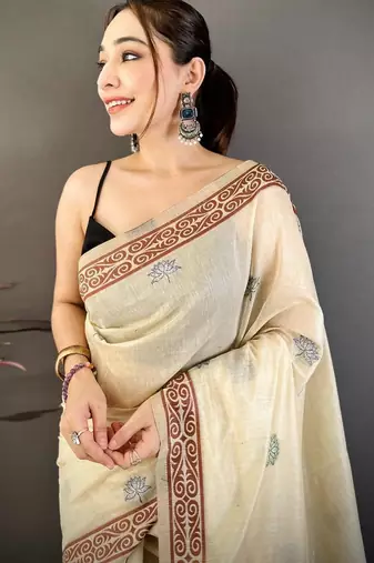 cream color muga cotton blend woven motif saree with blouse