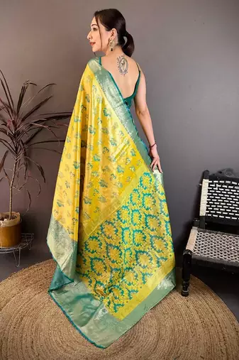 yellow color kanjivaram silk blend zari woven saree with blouse