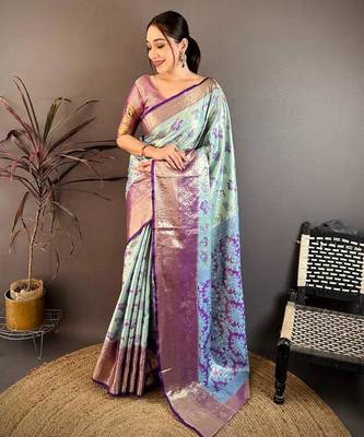 sky blue color kanjivaram silk blend zari woven saree with blouse 1