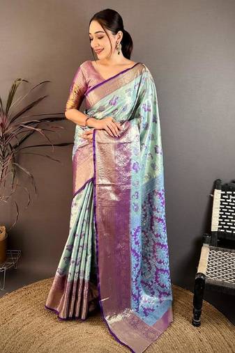 sky blue color kanjivaram silk blend zari woven saree with blouse