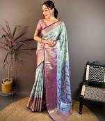 sky blue color kanjivaram silk blend zari woven saree with blouse