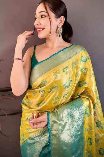 yellow color kanjivaram silk blend zari woven saree with blouse