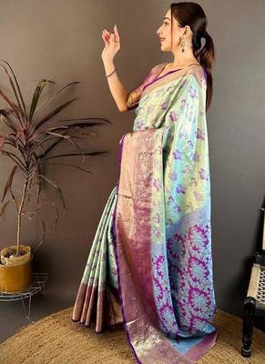 sky blue color kanjivaram silk blend zari woven saree with blouse 2