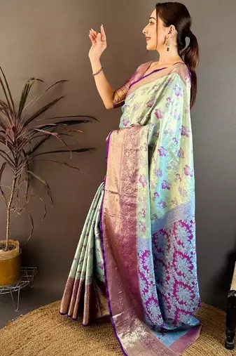 sky blue color kanjivaram silk blend zari woven saree with blouse
