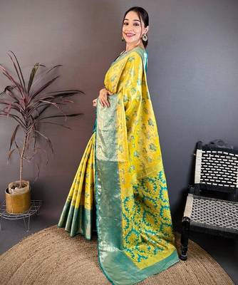 yellow color kanjivaram silk blend zari woven saree with blouse 4
