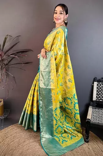 yellow color kanjivaram silk blend zari woven saree with blouse