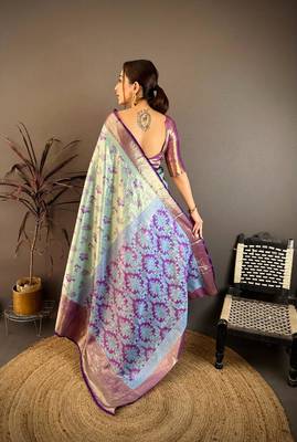 sky blue color kanjivaram silk blend zari woven saree with blouse 3