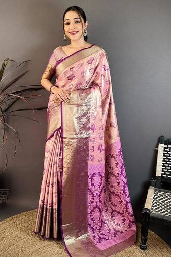 pink color kanjivaram silk blend zari woven saree with blouse