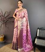 pink color kanjivaram silk blend zari woven saree with blouse