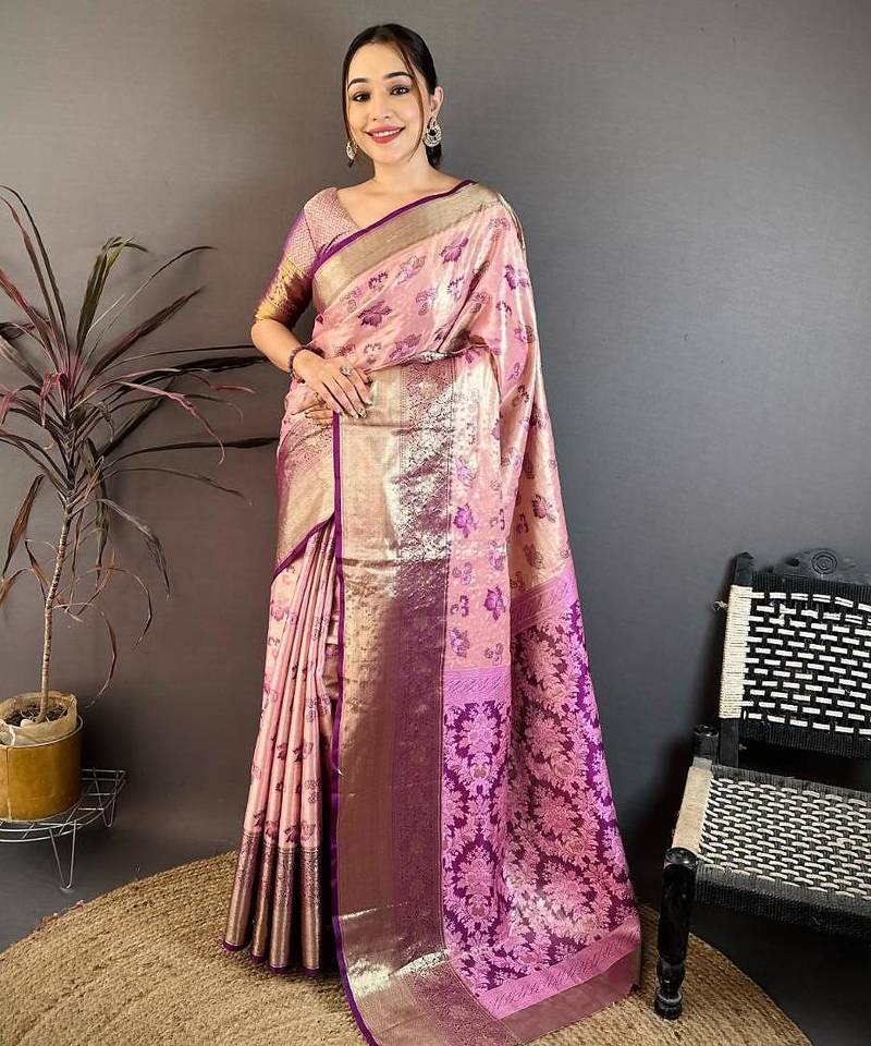 pink color kanjivaram silk blend zari woven saree with blouse