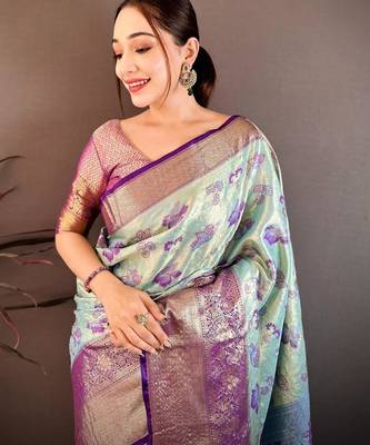 sky blue color kanjivaram silk blend zari woven saree with blouse 4