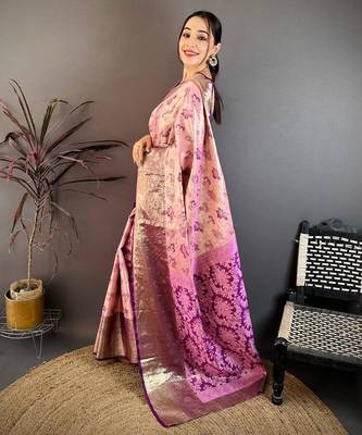 pink color kanjivaram silk blend zari woven saree with blouse 2
