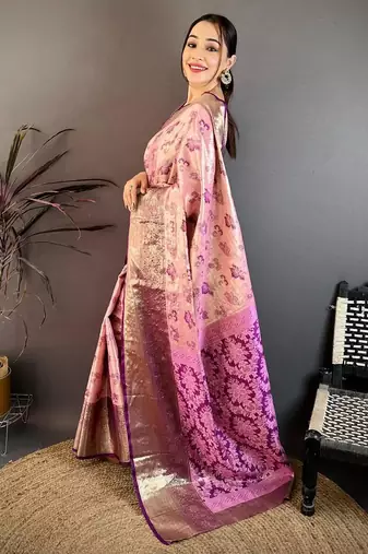 pink color kanjivaram silk blend zari woven saree with blouse