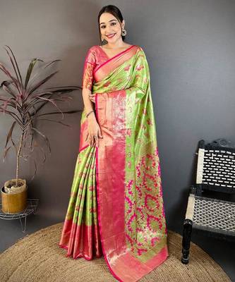 green color kanjivaram silk blend zari woven saree with blouse 1
