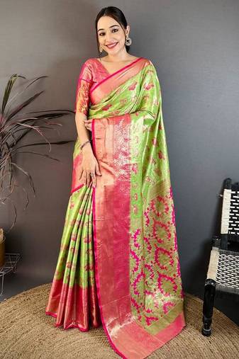 green color kanjivaram silk blend zari woven saree with blouse