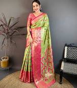 green color kanjivaram silk blend zari woven saree with blouse