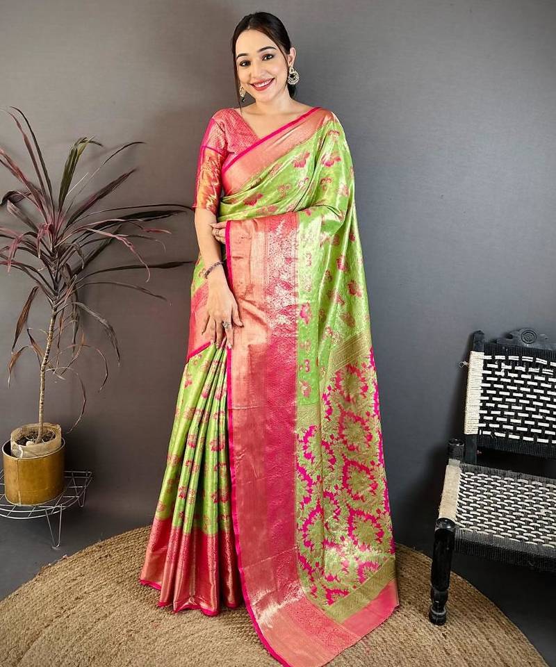 green color kanjivaram silk blend zari woven saree with blouse