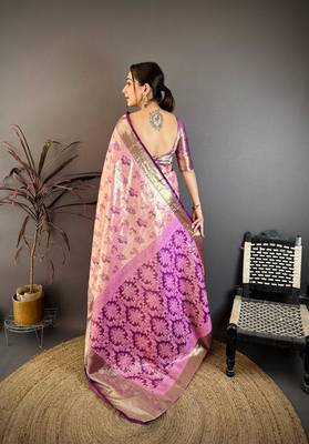 pink color kanjivaram silk blend zari woven saree with blouse 3