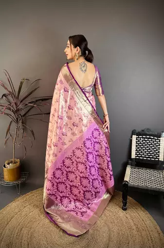 pink color kanjivaram silk blend zari woven saree with blouse