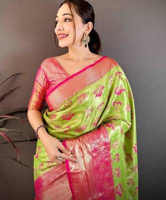 green color kanjivaram silk blend zari woven saree with blouse 2
