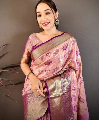 pink color kanjivaram silk blend zari woven saree with blouse 4