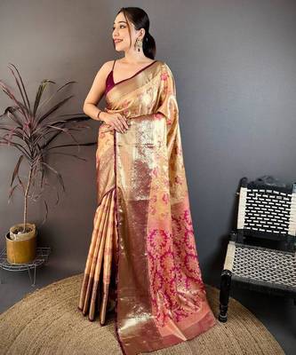 beige color kanjivaram silk blend zari woven saree with blouse 1