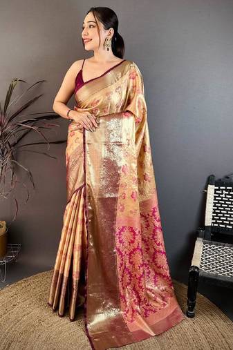 beige color kanjivaram silk blend zari woven saree with blouse