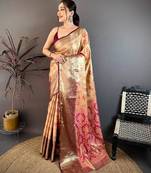 beige color kanjivaram silk blend zari woven saree with blouse