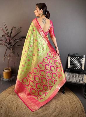green color kanjivaram silk blend zari woven saree with blouse 3