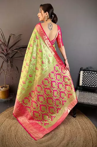 green color kanjivaram silk blend zari woven saree with blouse
