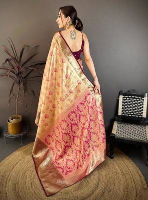 beige color kanjivaram silk blend zari woven saree with blouse 2