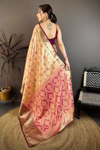 beige color kanjivaram silk blend zari woven saree with blouse