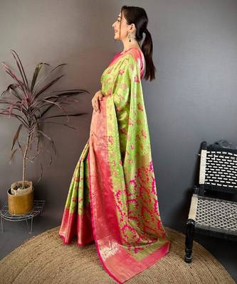 green color kanjivaram silk blend zari woven saree with blouse 4