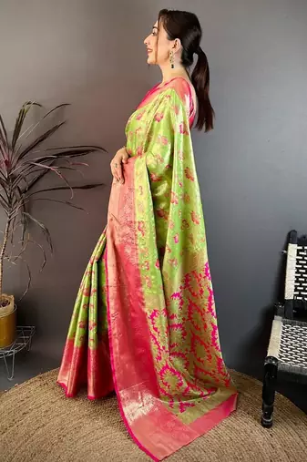 green color kanjivaram silk blend zari woven saree with blouse