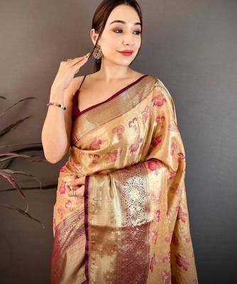 beige color kanjivaram silk blend zari woven saree with blouse 3
