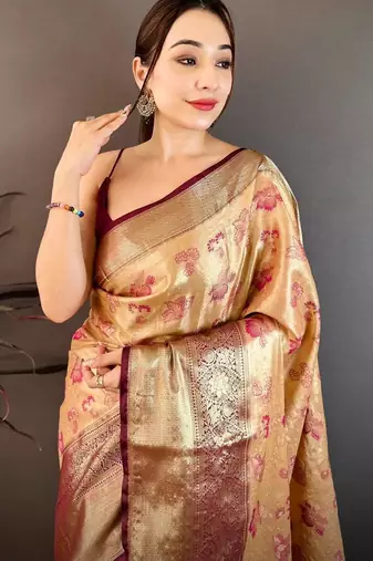 beige color kanjivaram silk blend zari woven saree with blouse