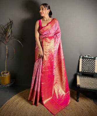 pink color kanjivaram silk blend zari woven saree with blouse 1