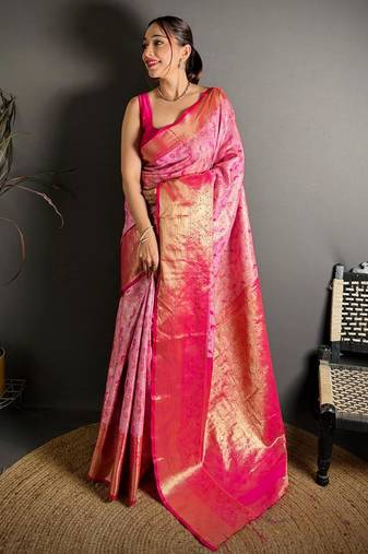 pink color kanjivaram silk blend zari woven saree with blouse
