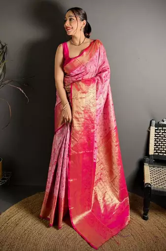 pink color kanjivaram silk blend zari woven saree with blouse