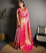 pink color kanjivaram silk blend zari woven saree with blouse