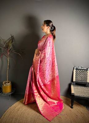 pink color kanjivaram silk blend zari woven saree with blouse 2