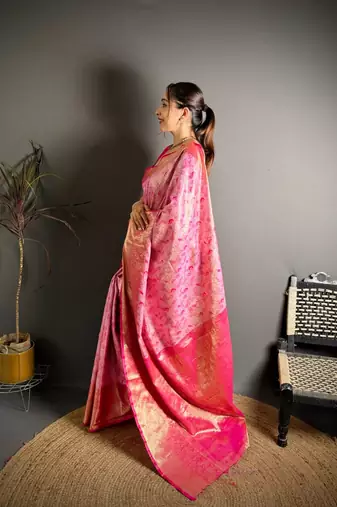 pink color kanjivaram silk blend zari woven saree with blouse