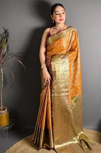 mustard color kanjivaram silk blend zari woven saree with blouse