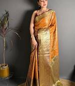 mustard color kanjivaram silk blend zari woven saree with blouse