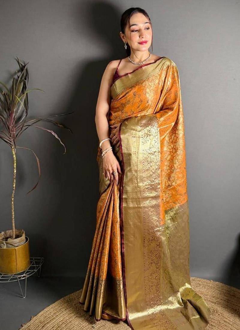 mustard color kanjivaram silk blend zari woven saree with blouse