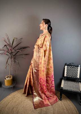 beige color kanjivaram silk blend zari woven saree with blouse 4