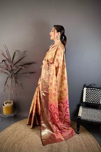 beige color kanjivaram silk blend zari woven saree with blouse