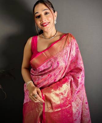pink color kanjivaram silk blend zari woven saree with blouse 3