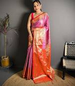 peach color kanjivaram silk blend zari woven saree with blouse