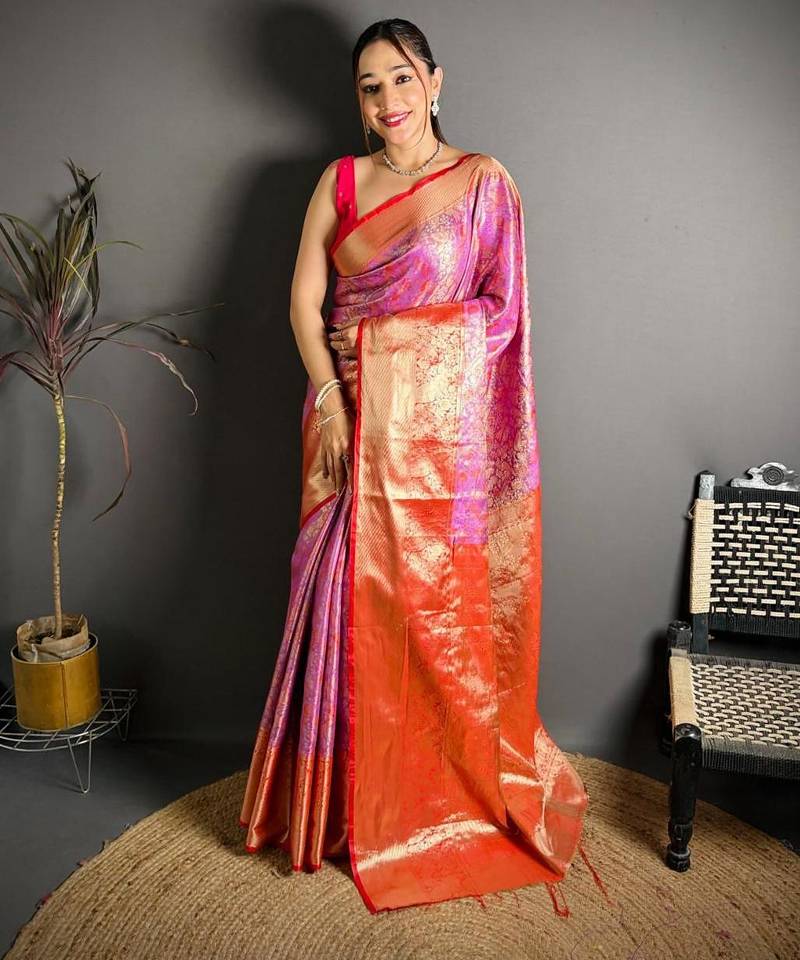 peach color kanjivaram silk blend zari woven saree with blouse